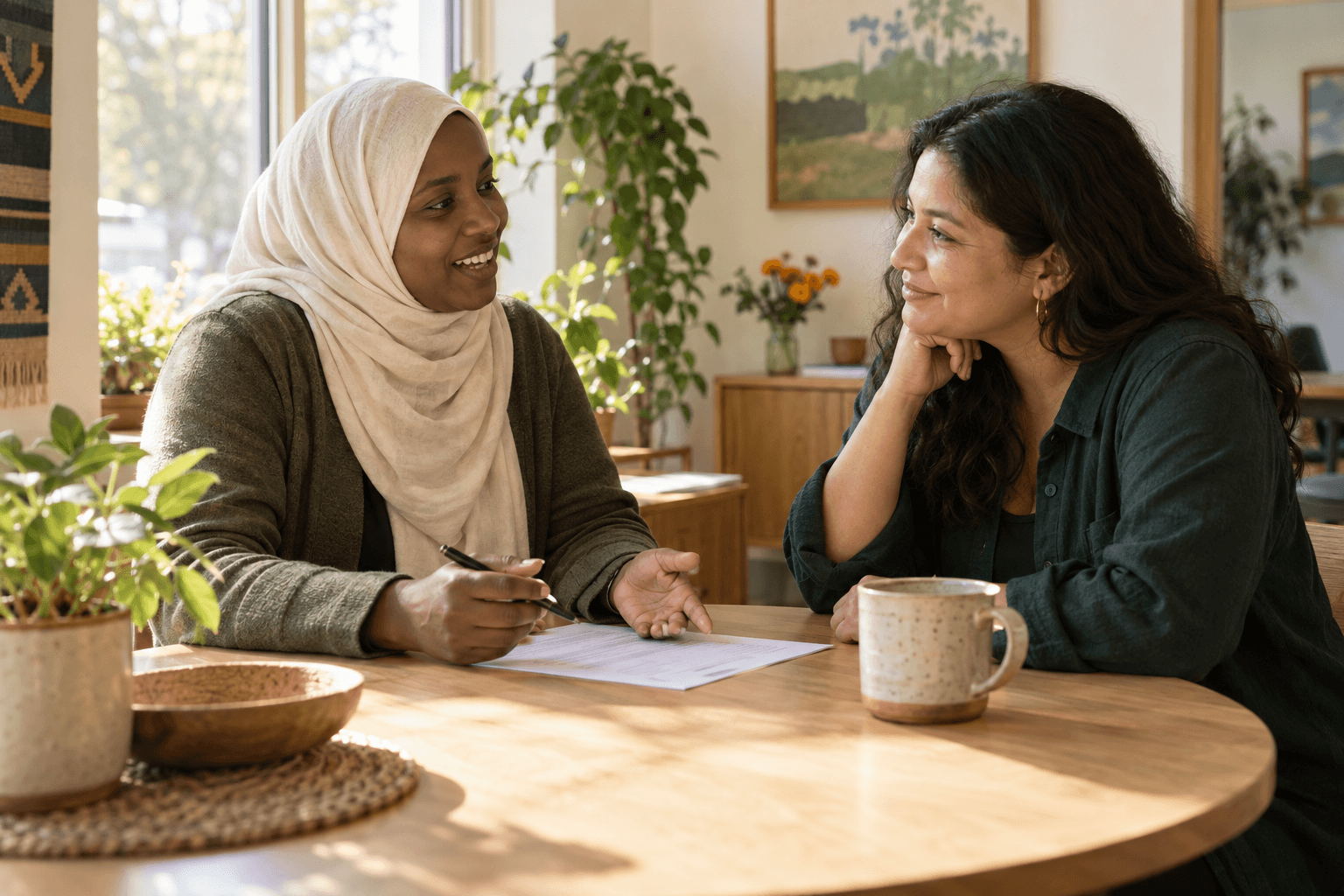 Illustrative scene of two women sharing a warm conversation at a table.