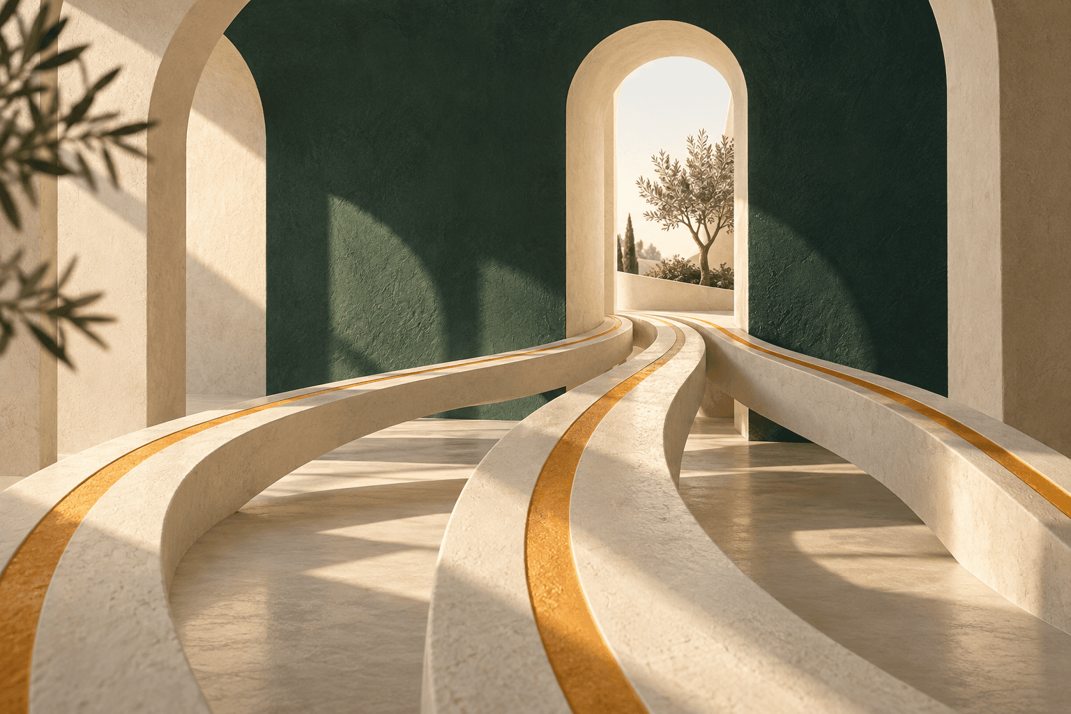 Sculptural paths converging through an open doorway, an original ApexRise brand illustration.